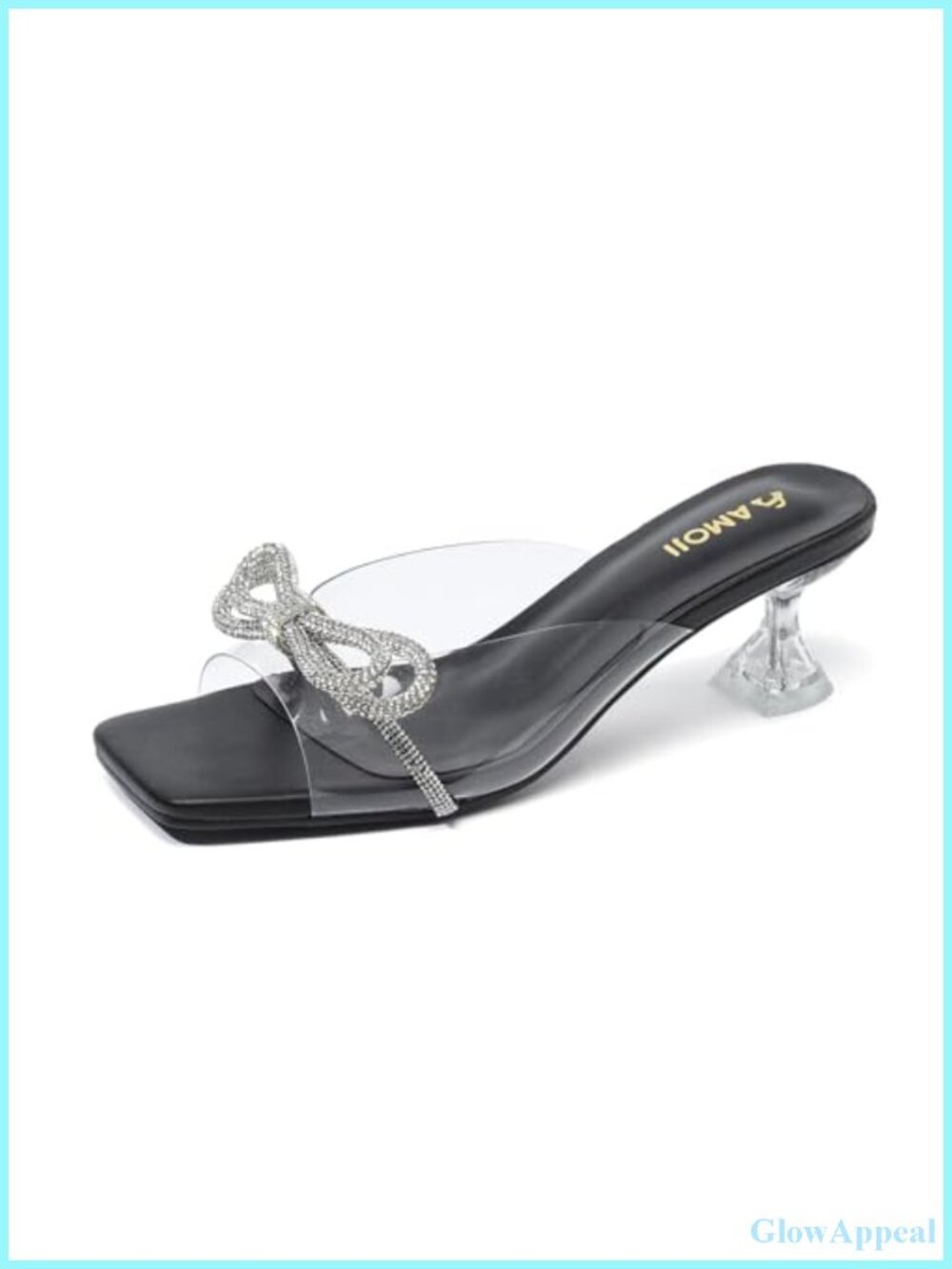 Kitten Heel Rhinestone Bow Clear Slide Sandals Square Toe Slip On